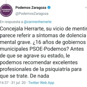Ciudadanos rechaza el intolerable ataque de Podemos Zaragoza a la consejera Carmen Herrarte Ciudadanos rechaza el intolerable ataque de Podemos Zaragoza a la consejera Carmen Herrarte